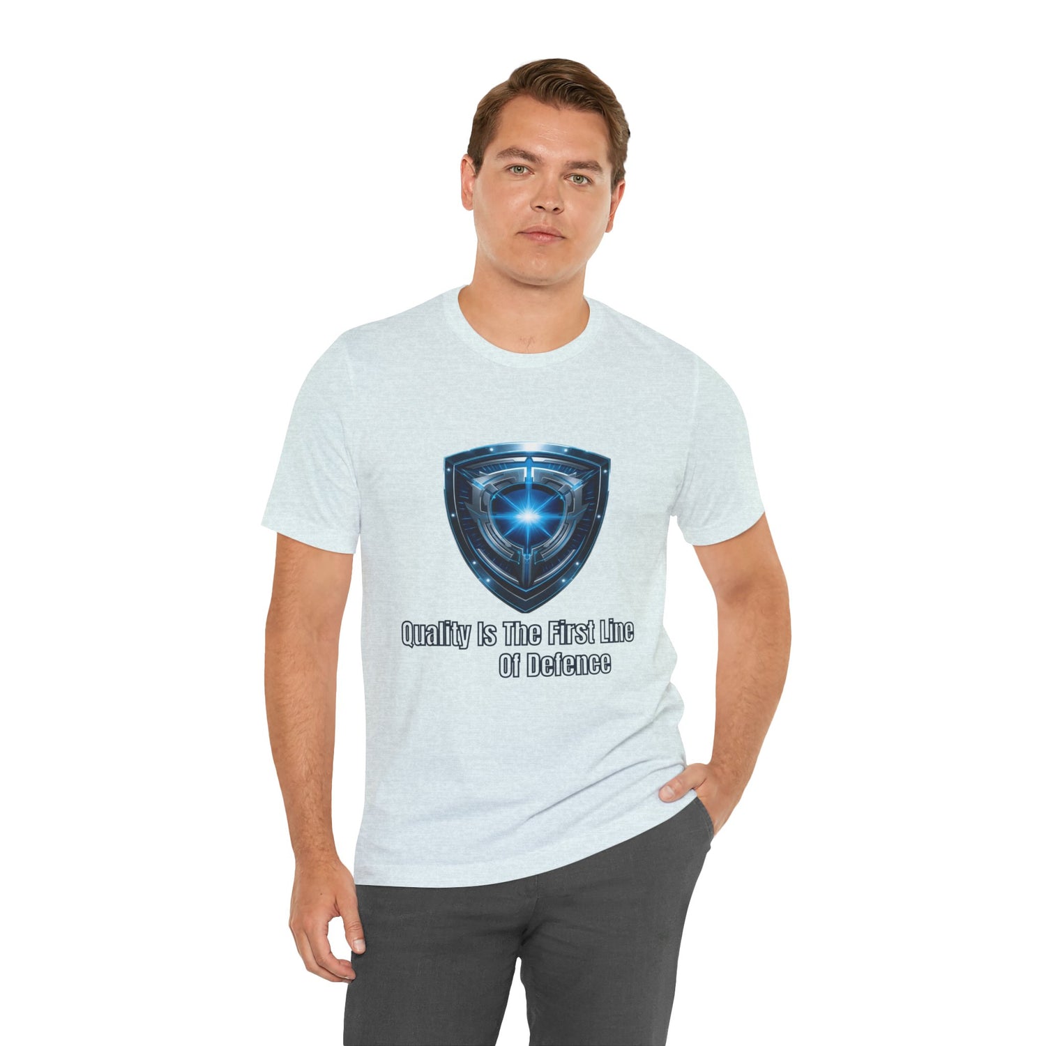 Shield Graphic Tee — "Quality Is The First Line of Defence" Protection T-Shirt