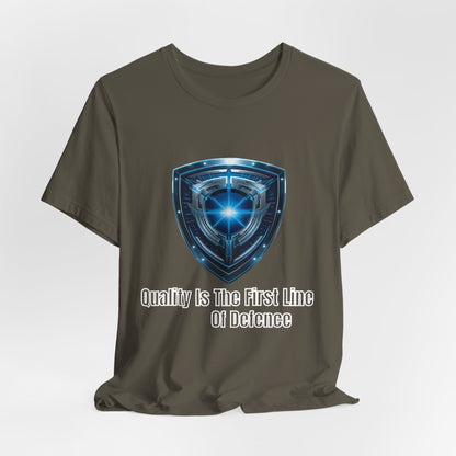 Shield Logo Tee — "Quality Is The First Line Of Defence" Security T‑Shirt