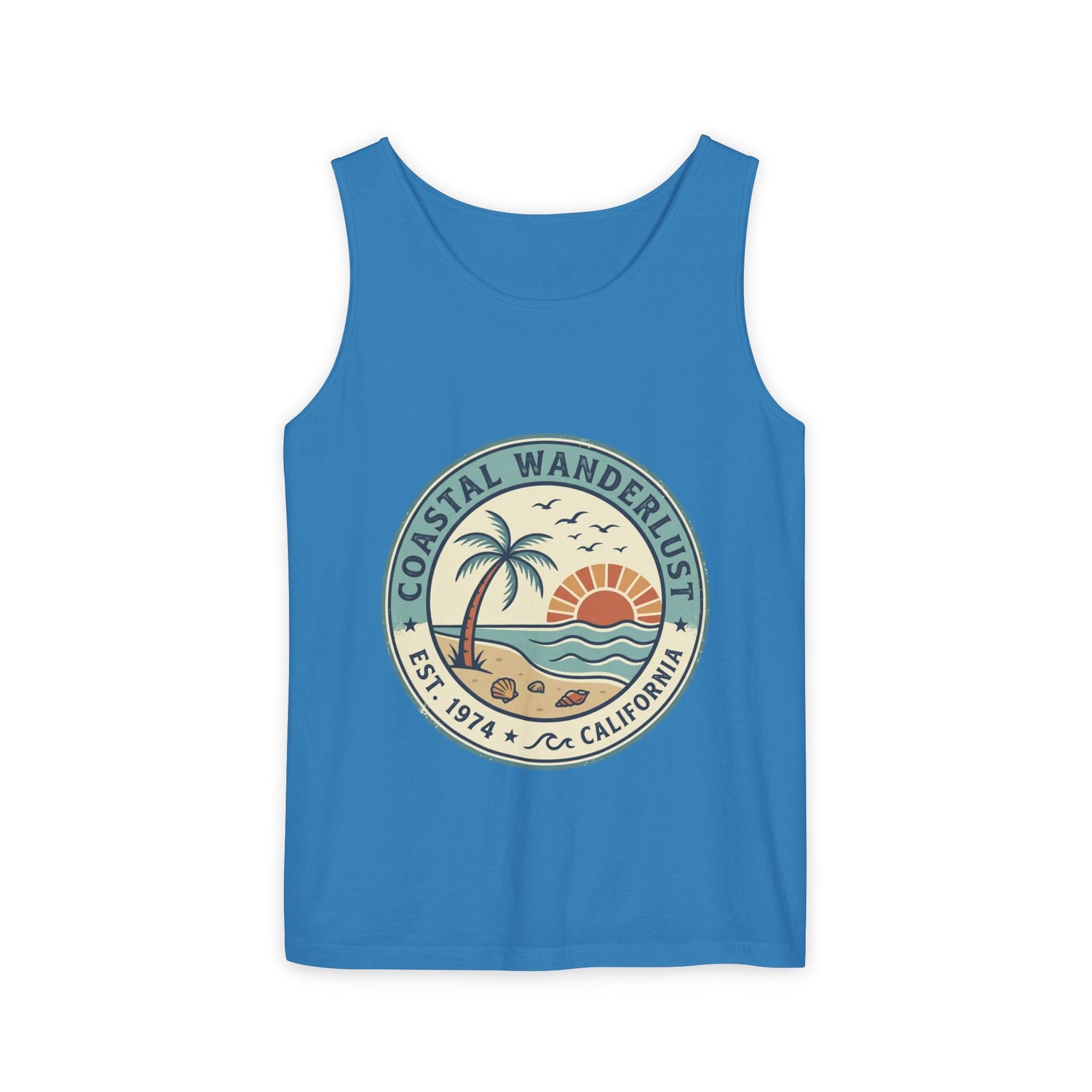 Coastal Wanderlust Tank Top — Retro Palm Beach Sunrise Graphic