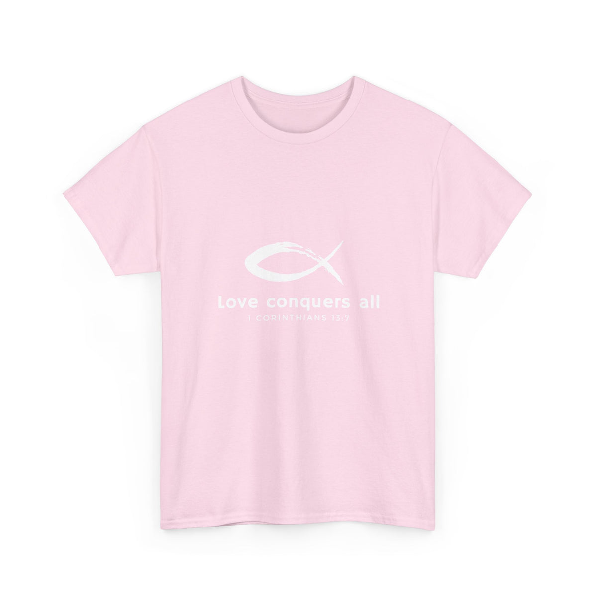Love Conquers All Unisex Heavy Cotton Tee - Inspirational Christian Quote T-Shirt