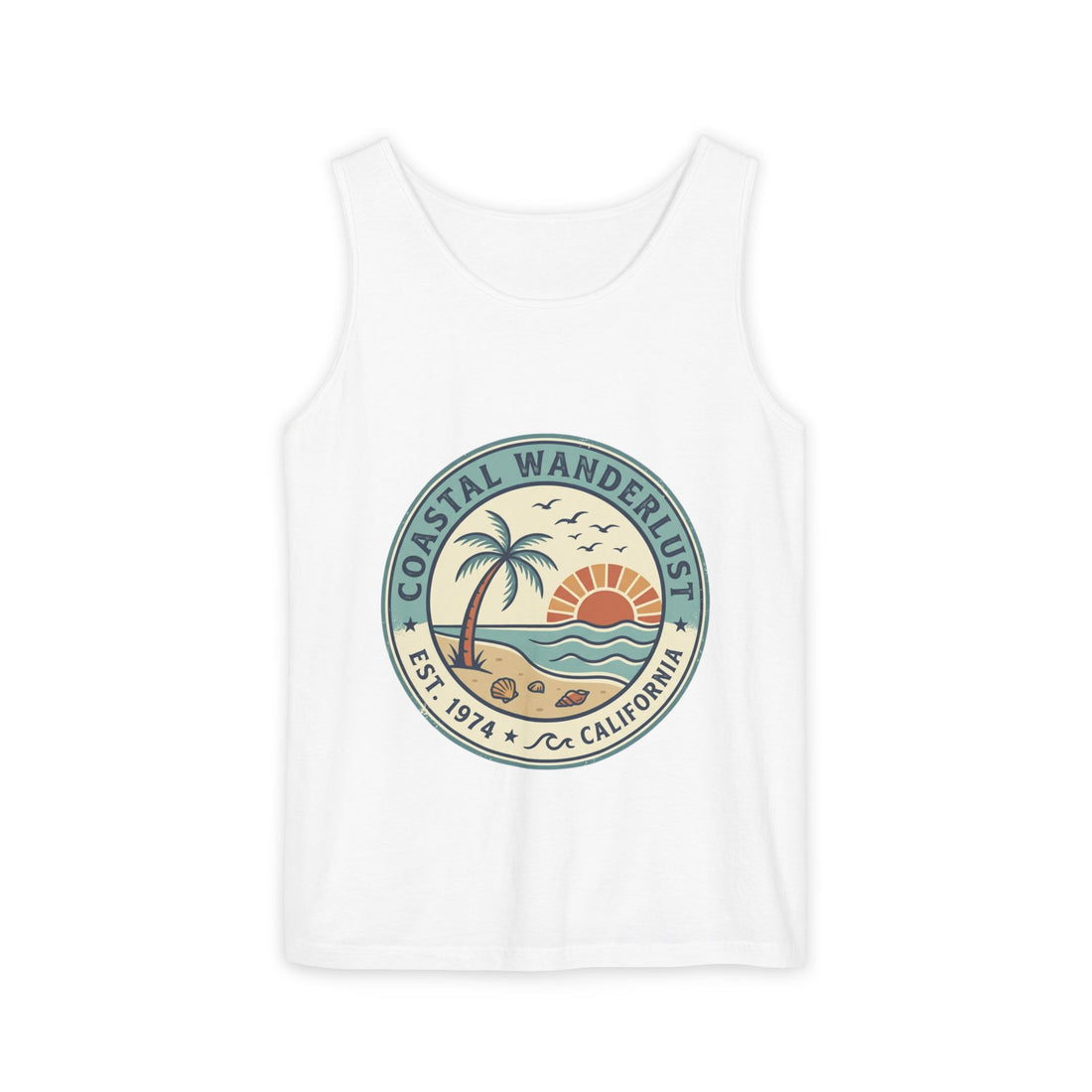 Coastal Wanderlust Tank Top — Retro Palm Beach Sunrise Graphic