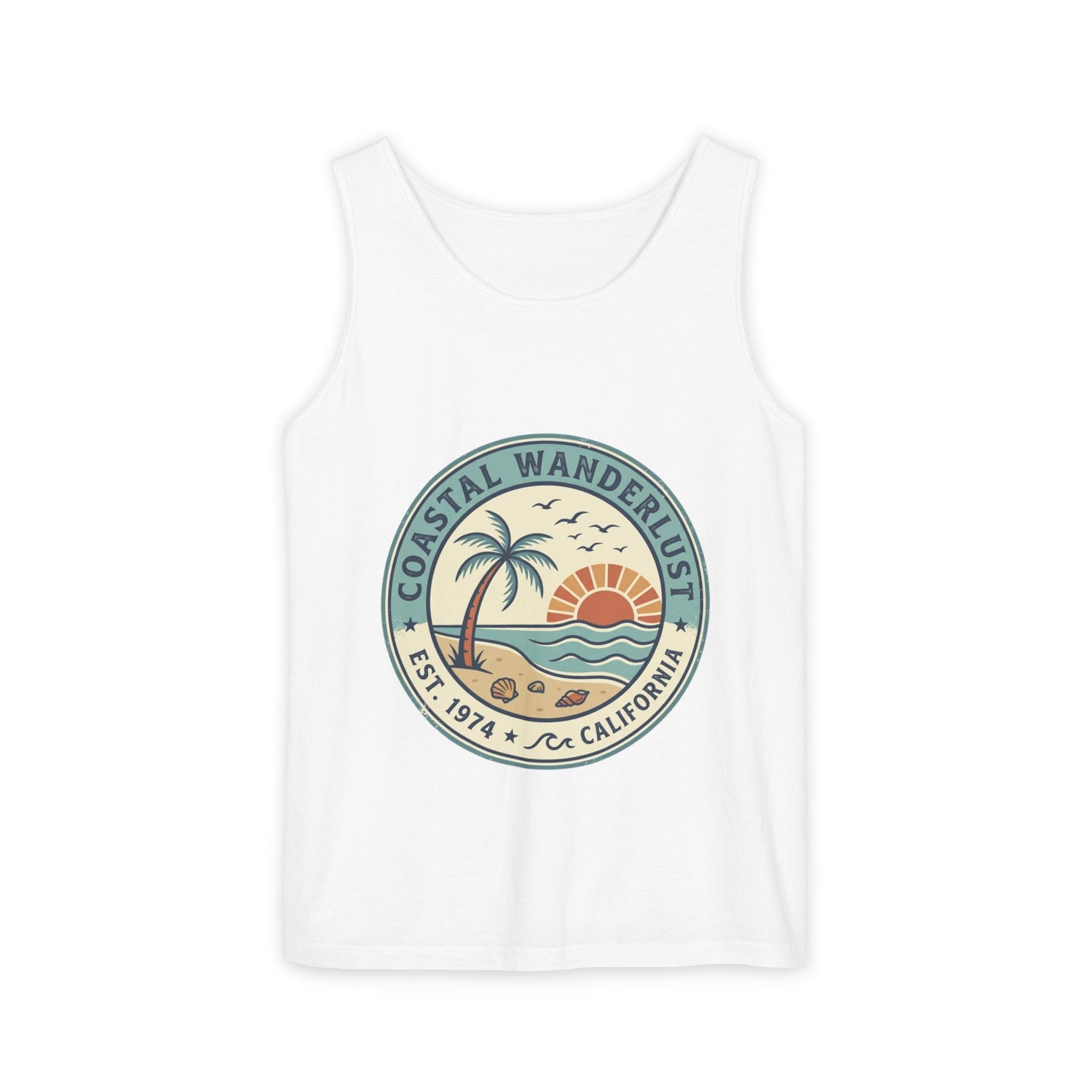 Coastal Wanderlust Tank Top — Retro Palm Beach Sunrise Graphic