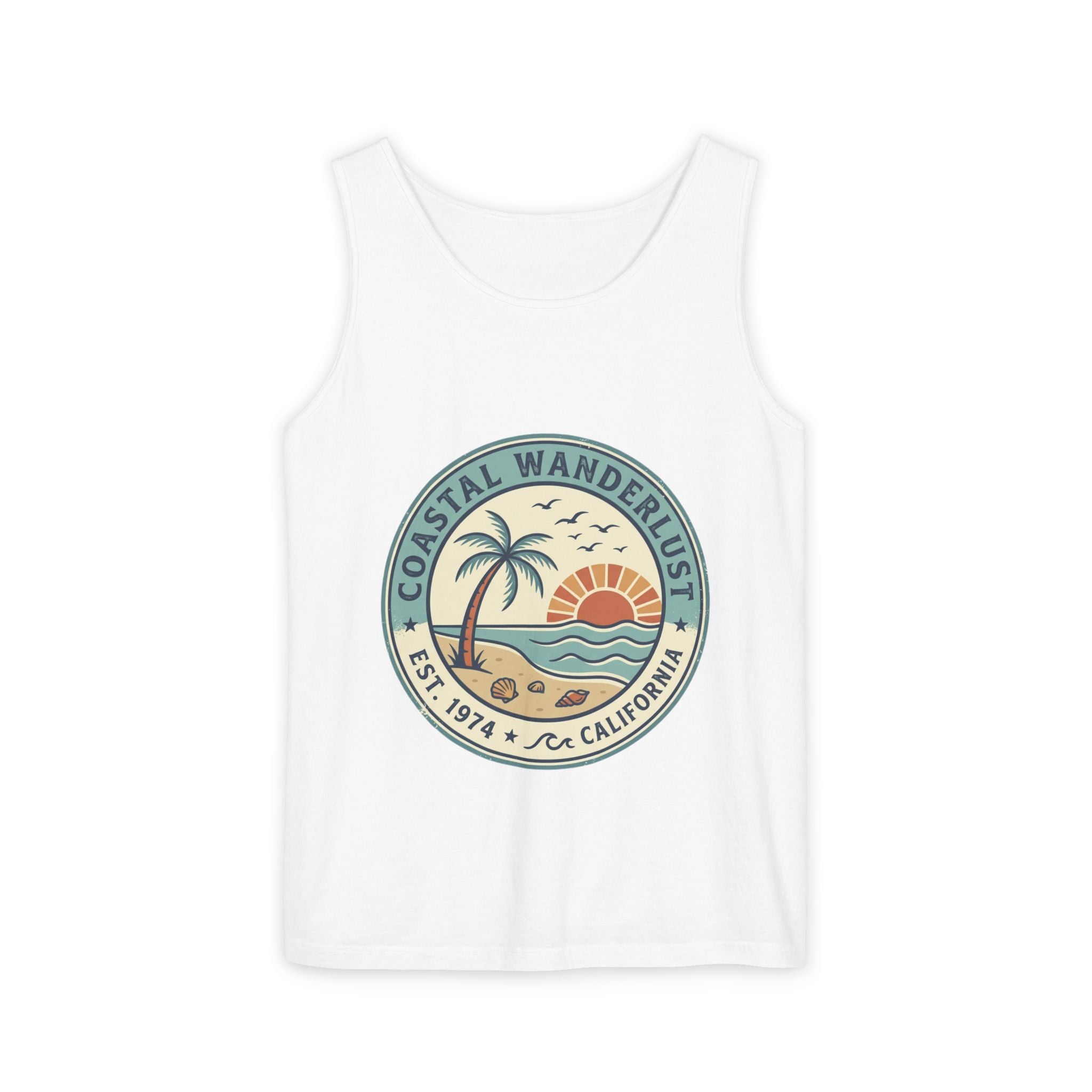 Coastal Wanderlust Tank Top — Retro Palm Beach Sunrise Graphic