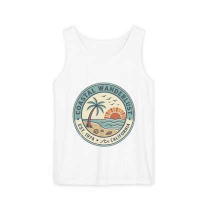 Coastal Wanderlust Tank Top — Retro Palm Beach Sunrise Graphic