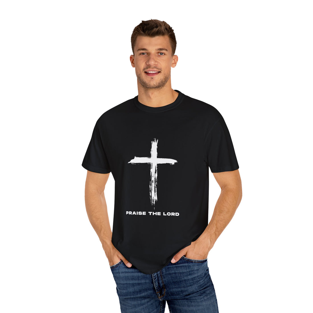Unisex Garment-Dyed T-shirt with Inspirational Cross Design - Praise The Lord