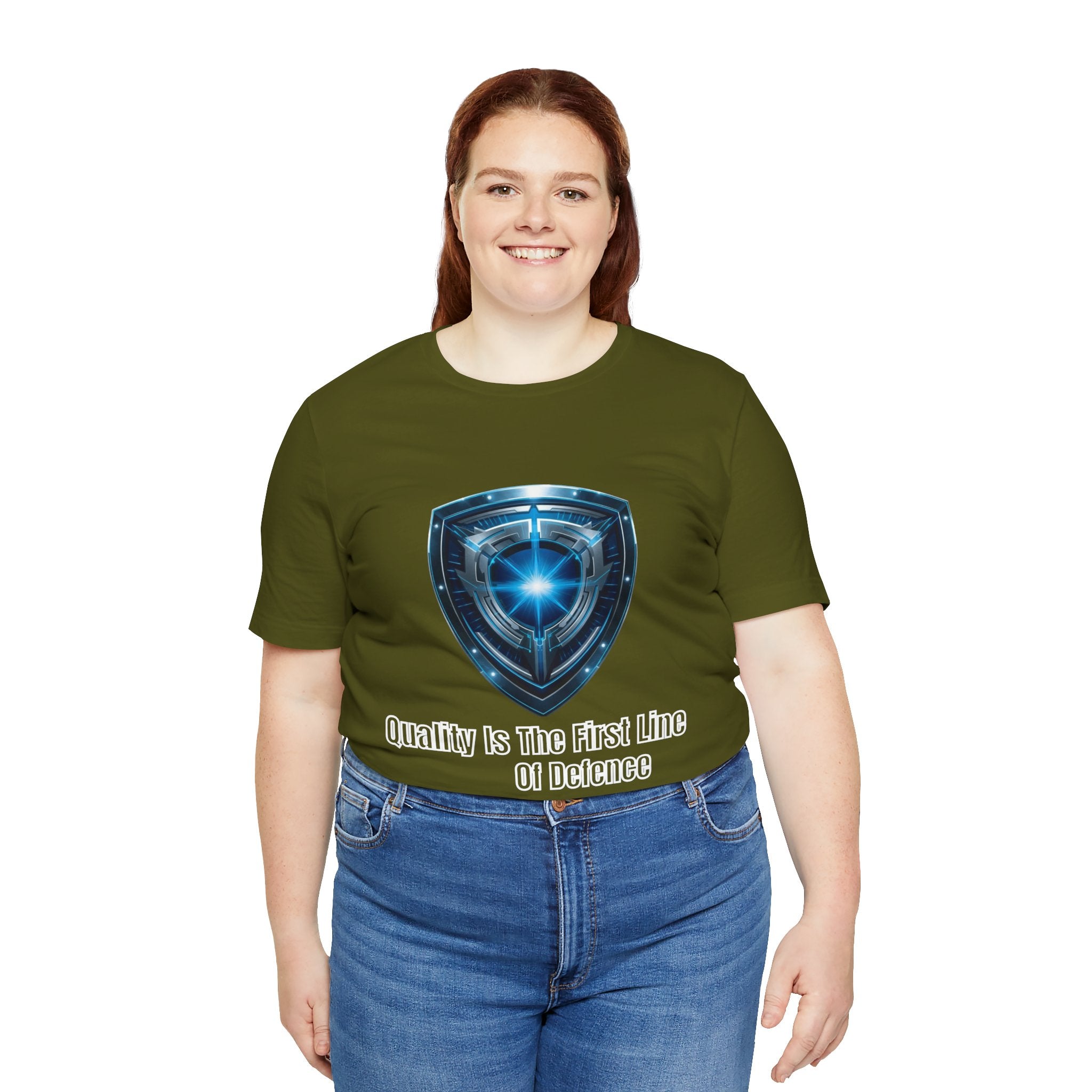 Shield Logo Tee — "Quality Is The First Line Of Defence" Security T‑Shirt